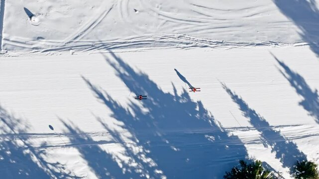 Aerial drone view of a ski resort in Col dei Baldi, Alleghe, in the Dolomites, Italy in daylight