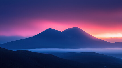 Majestic volcanic peaks rise against a breathtaking twilight sky filled with vibrant colors and wispy clouds at dusk