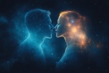 An abstract digital background featuring an image of two parents standing close to each other, arguing, highlighted by connecting data points in blue and black colors.