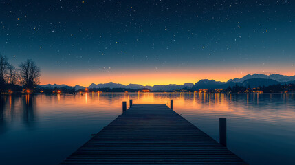 Tranquil sunset over serene waters with a wooden pier leading into vibrant reflections