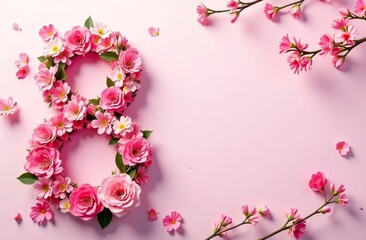 3d number 8 surrounded by roses on light background. Concept of women's day celebration.