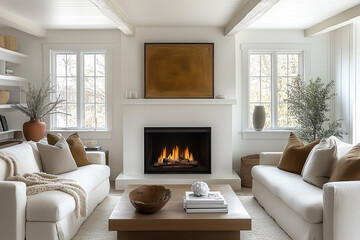 Farmhouse interior design of modern living room, home. Two sofas against fireplace.