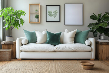 Scandinavian, mid-century home interior design of modern living room in farmhouse. Sofa with mint pillows and wooden side tables.