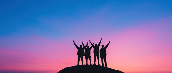 silhouette of people celebrating at sunset