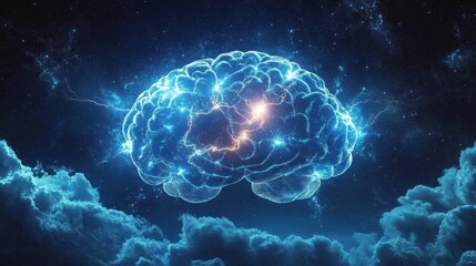 Illuminated brain floating amidst cosmic clouds, showcasing the intricate connections of thought and imagination