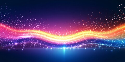 Obraz premium Abstract Rainbow Wave of Sparkling Particles Flowing Across a Blue Background with Glitter and Glow.