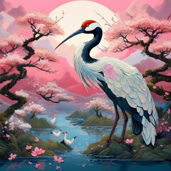 Naklejka premium Japanese pattern with crane birds, bonsai trees, cherry blossom flower asian background graphic resource