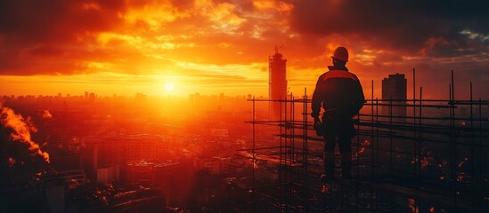 Fototapeta premium Construction worker overlooking a city skyline at sunset with clouds and buildings