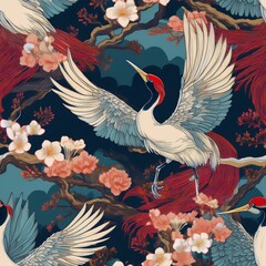 Japanese pattern with crane birds, bonsai trees, cherry blossom flower asian background graphic resource