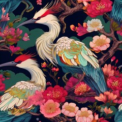 Japanese pattern with crane birds, bonsai trees, cherry blossom flower asian background graphic resource