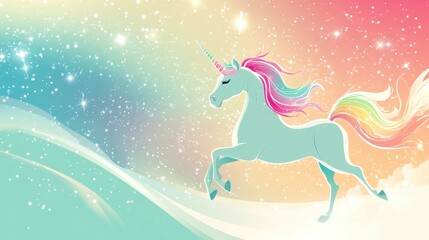 Enchanting unicorn gracefully leaps through a magical pastel landscape filled with sparkles and colors