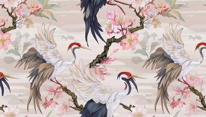 Japanese pattern with crane birds, bonsai trees, cherry blossom flower asian background graphic resource