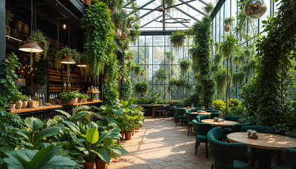 Naklejka premium Sunlit Restaurant with Greenery