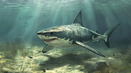 Fototapeta premium Great white shark swimming gracefully in ocean depths celebrating World Wildlife Day with text space