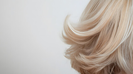 Naklejka premium Wavy blonde hair with highlights and a touch of movement against a plain background, showcasing texture and style, and potential elegance. 