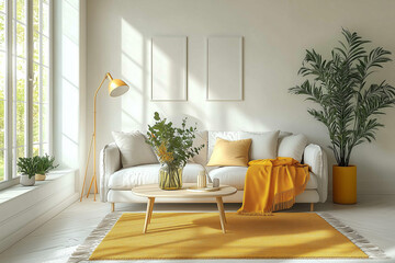 A simple living room with white walls a sofa and coffee table a carpet on the floor green plants in vases a lamp stand a yellow blanket and lightcolored decorative.
