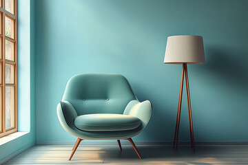 Mid-century armchair and floor lamp near light blue wall. Interior design of modern living room.