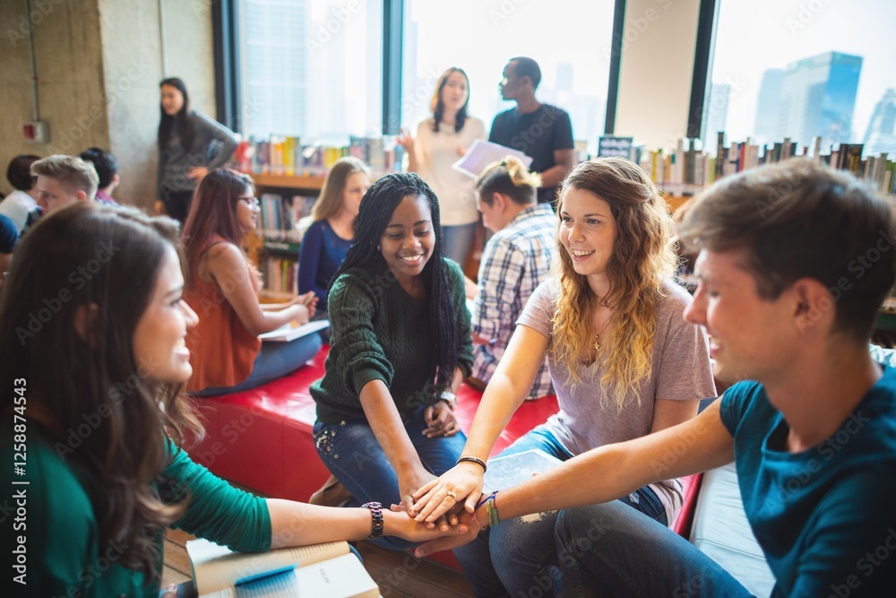 Aufkleber diverse group of young adults in a library, smiling and collaborating. multiracial friends and study
