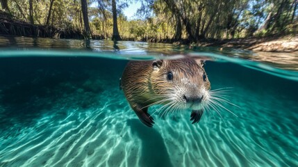Fototapeta premium Celebrating World Wildlife Day with a playful otter swimming in a serene freshwater river, underwater photography