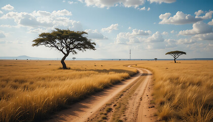 Obraz premium Scenic Dirt Road & Acacia Trees Under Blue Sky