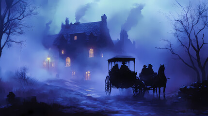 Halloween horse-drawn carriage ride through a haunted american village fog swirling. Phantom Caravans. Illustration