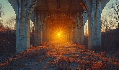 Sunlight shines through an arched underpass during the golden hour creating a striking visual