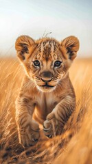 Obraz premium World Wild Day with a playful lion cub in its natural habitat during golden hour
