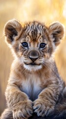 Obraz premium Cute lion cub looking directly at the camera with expressive eyes during World Wildlife Day celebration