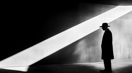 Mysterious figure stands in strong light beams within a minimalist space at dusk, evoking intrigue and suspense