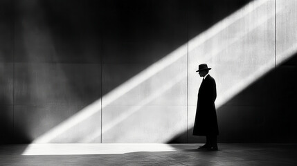 Mysterious figure stands in strong light beams within a minimalist space at dusk, evoking intrigue and suspense