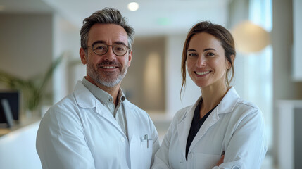 Exciting day for two medical professionals in white coats ready to make a difference in patient care at a modern healthcare facility