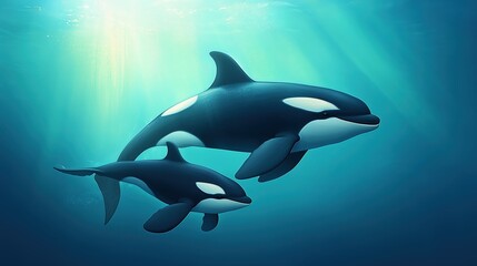Fototapeta premium Orca Mother and Calf Swimming Underwater Digital Artwork Ocean Environment Side View Marine Life Concept