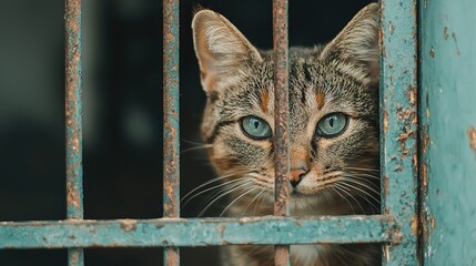 Rescue cat behind bars highlighting animal rights issues in urban shelters emotional portrait close-up view