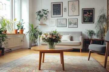 Table with flowers on carpet in apartment interior with posters above sofa near armchair.