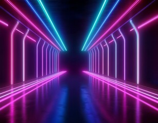 Naklejka premium 3d rendering, abstract neon background, empty tunnel with pink glowing lines, long corridor, road, performance stage with reflecting floor, ultraviolet light.