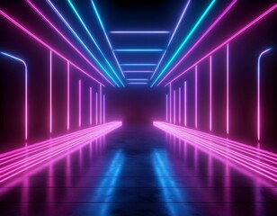 Naklejka premium 3d rendering, abstract neon background, empty tunnel with pink glowing lines, long corridor, road, performance stage with reflecting floor, ultraviolet light.