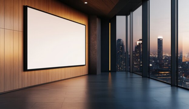 Modern empty room with blank billboard, city view