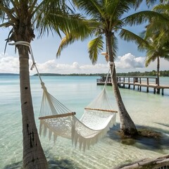 Serene tropical getaway with hammocks over the ocean and lush greenery in the background