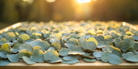 Fototapeta premium A close-up view of eucalyptus leaves drying on a wooden surface, illuminated by warm sunlight in a natural outdoor setting