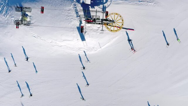 Aerial drone view of a ski resort in Col dei Baldi, Alleghe, in the Dolomites, Italy in daylight