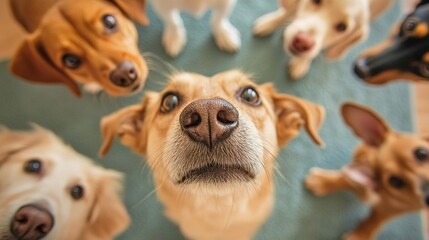 Pet health awareness event dogs gathered for care insights home environment aerial view animal wellness