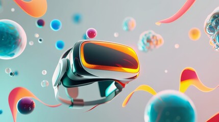 A highly detailed 3D rendering of a futuristic virtual reality headset floating among vibrant abstract shapes and spheres, creating a dynamic and modern tech aesthetic. AI generated.