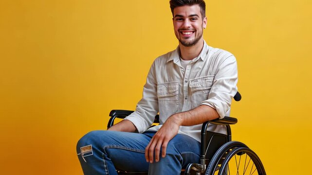Confident young man in wheelchair smiling brightly against vibrant yellow background showcasing empowerment and accessibility