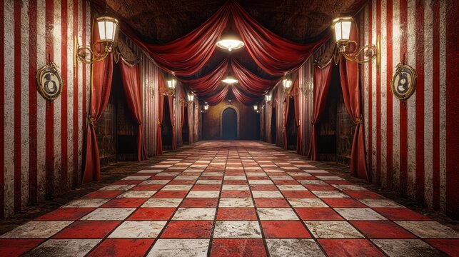 Red-striped hallway, circus tent interior, game background, checkered floor