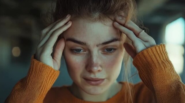 Close-up scene of woman holding head indicating headache, smooth repetitive motion for background video animation