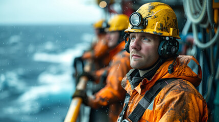 Fototapeta premium Oil workers, wearing helmets and personal protective equipment, stand on an oil rig in the ocean surrounded by water and the sky.
