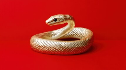 Fototapeta premium Golden Snake Coiled Red Background Minimalist Design