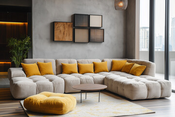 Loft interior design of modern living room, home. Corner modular tufted sofa with yellow pillows against grey stucco wall.