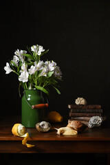 Photo still life in Dutch style with lemon and real snail achatina © Anastasiya Surdina