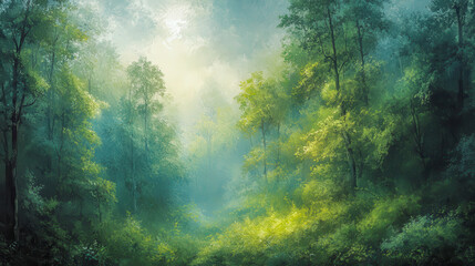 Obraz premium Whispers of tranquility in a sunlit forest enveloped in morning mist